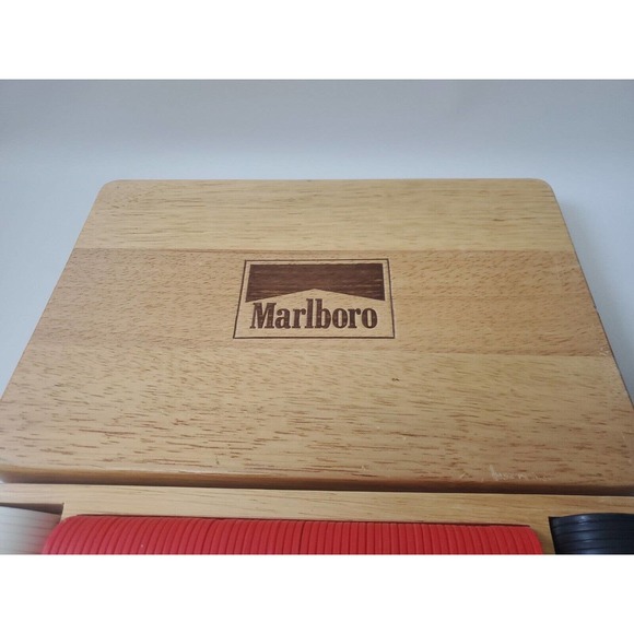 Marlboro Poker Chip Set 2 Card Decks & Chips Wood Oak Case Vintage Promo - Picture 3 of 3
